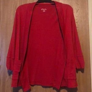 Red long sleeve cardigan by Kim Rogers. Size 1X